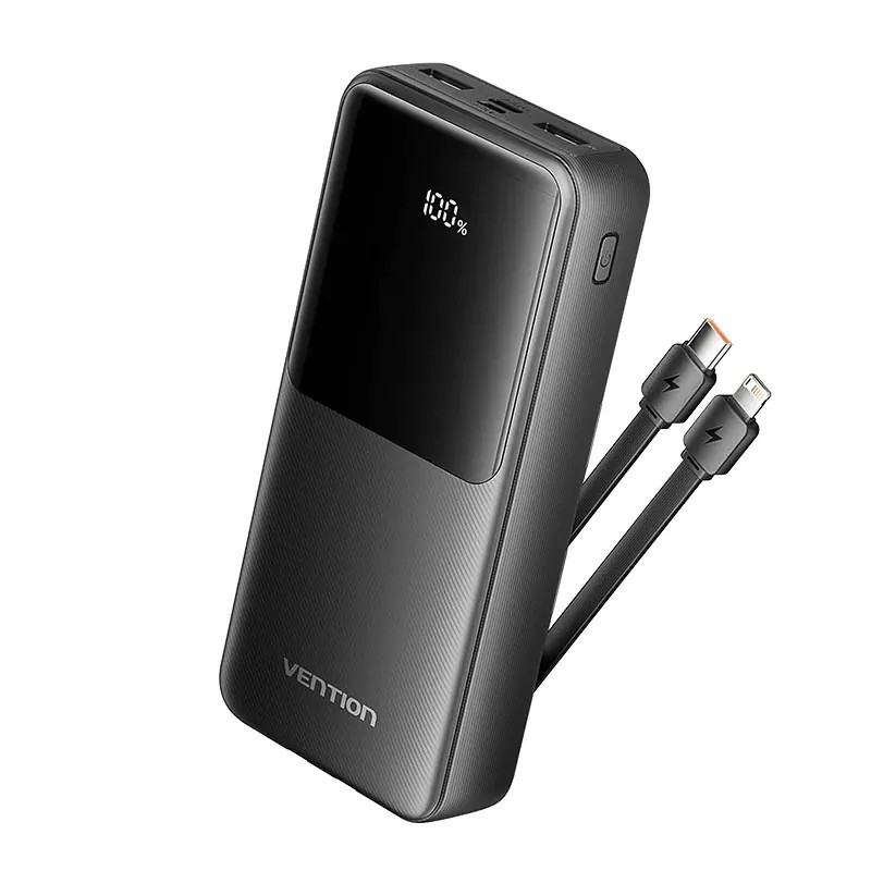 Bateria Powerbank Vention 20000mAh 22.5W USB Ecrã LED + Cabo USB-C/Lightning Preta